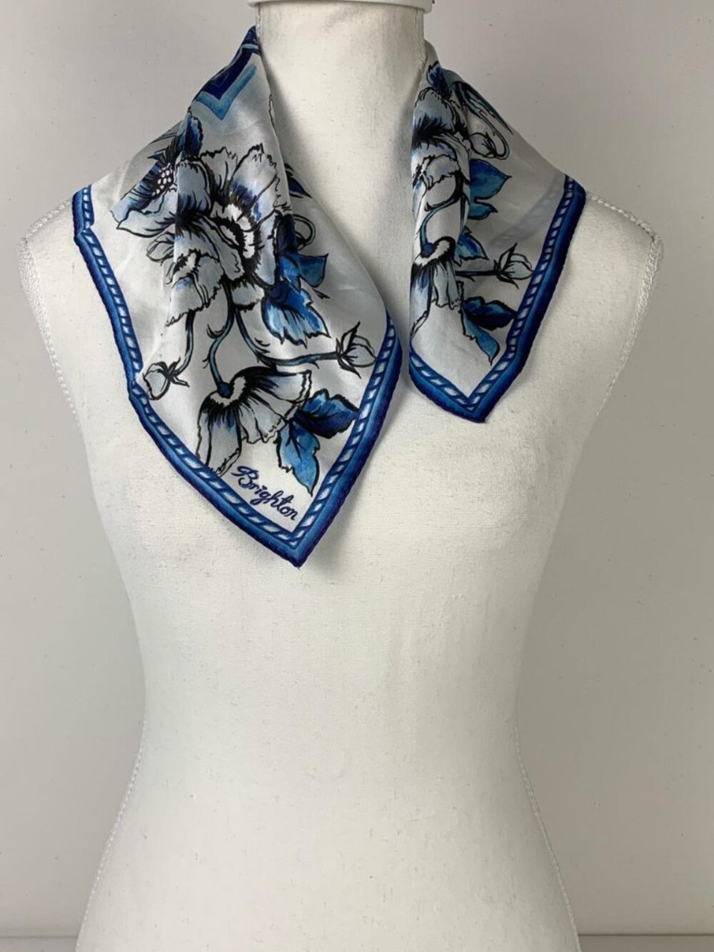 Brighton Floral Blue & White Silk Scarf - 17.5"x17.5" Boho Chic Accessory